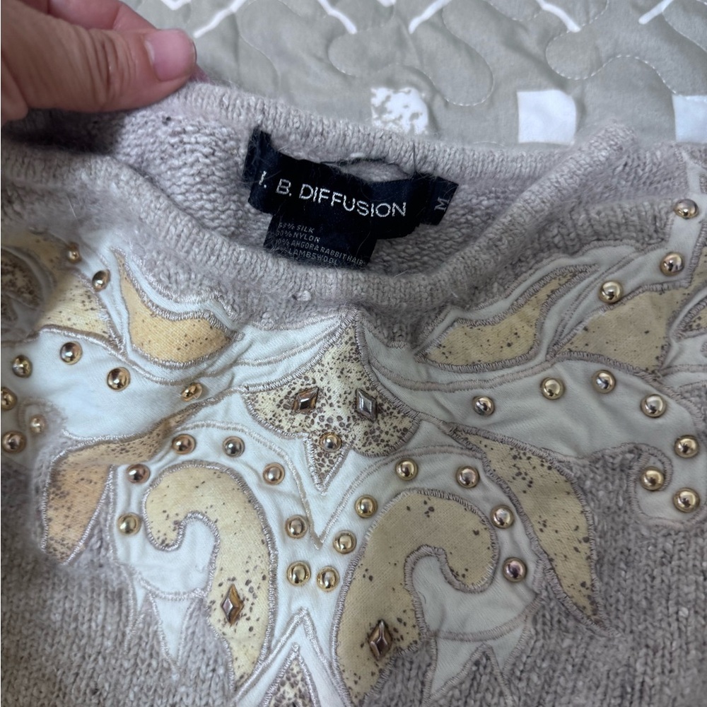 Gray Crew Neck Sweater with Embellished Neckline - Picture 3 of 3